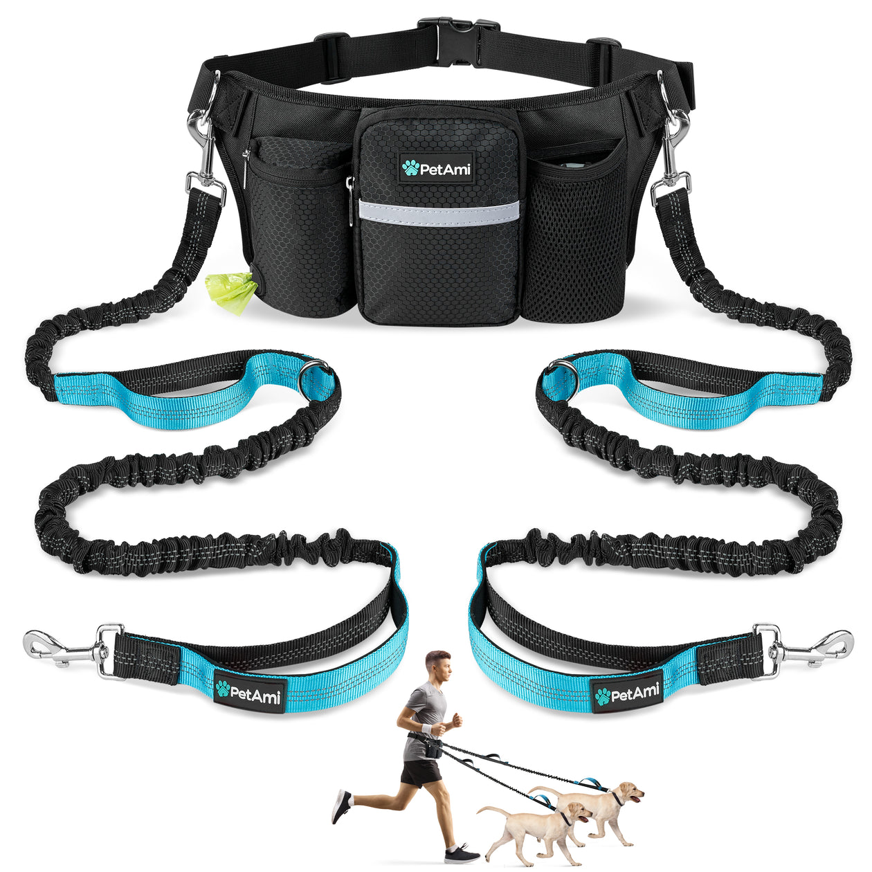 PetAmi Premium Hands Free Dog Leash for 2 Dogs, Adjustable Waist Belt Leash for Dog Walking, Fanny Pack Accessories Bag Dual Bungee Leash for