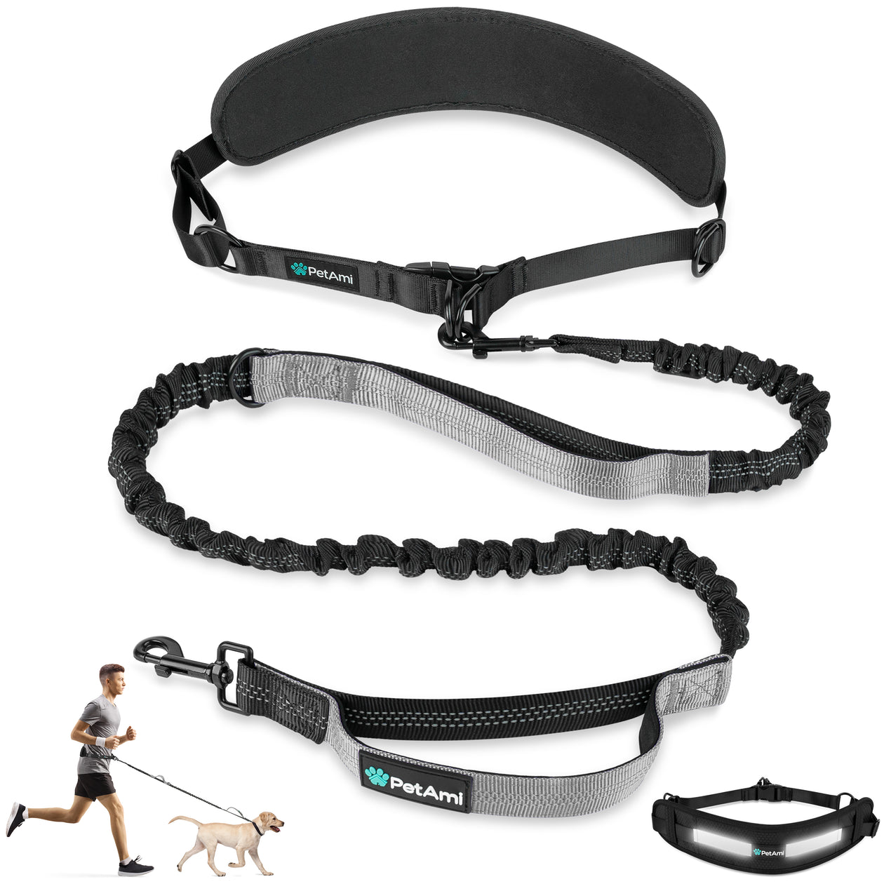 PetAmi Premium Hands Free Dog Leash, Adjustable Waist Belt for Large Dog Walking Up to 125 lbs, Bungee Leash for Pet Running, Hiking, Reflective